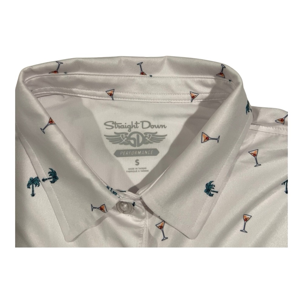 Straight Down Polo‎ Shirt Women's Sz Small White Coconut Tree & Cocktail Prints